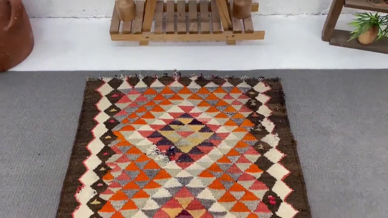 Turkish Vintage Rug 2.9x4.2 Ft (87x128 Cm), Kilim Orange Patchwork